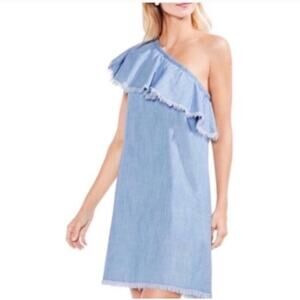 Vince Camuto Frayed Ruffle One-Shoulder Chambray Dress Size Medium